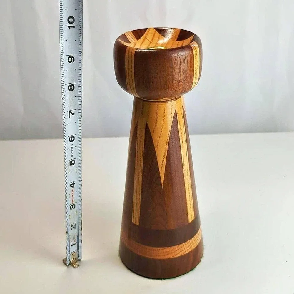 Vintage 1970s Hand Turned Multi-Wood Inlay Candlestick Taper Holder 10 Inch